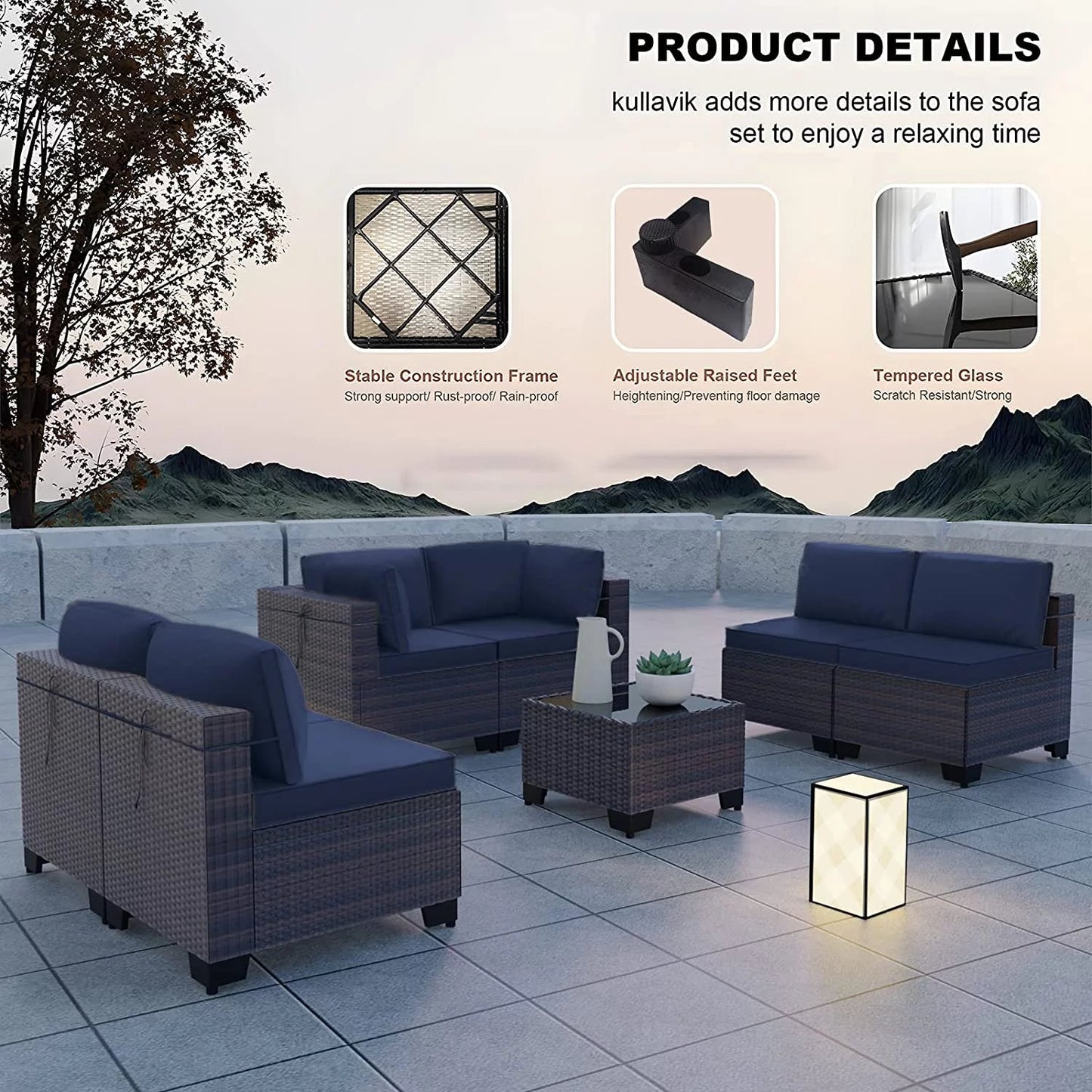 Luxurious Navy Blue Wicker Patio Set - 7 - Piece Outdoor Sectional - Nourishment Tapestry