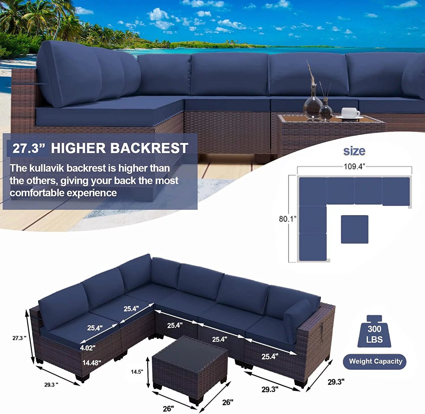 Luxurious Navy Blue Wicker Patio Set - 7 - Piece Outdoor Sectional - Nourishment Tapestry