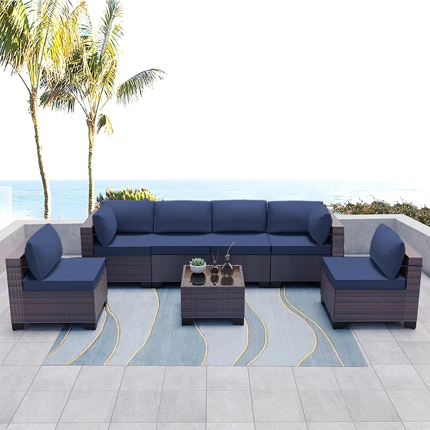 Luxurious Navy Blue Wicker Patio Set - 7 - Piece Outdoor Sectional - Nourishment Tapestry
