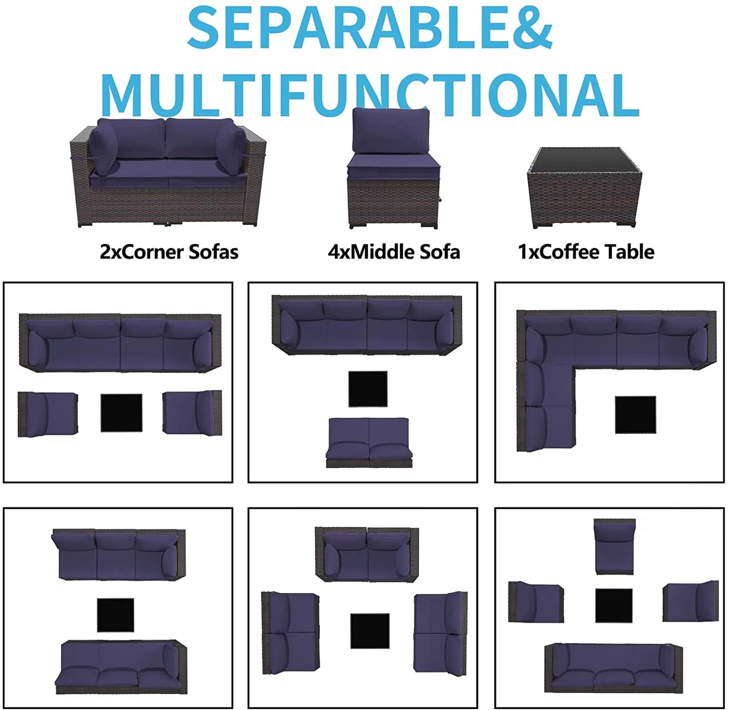 Luxurious Navy Blue Wicker Patio Set - 7 - Piece Outdoor Sectional - Nourishment Tapestry