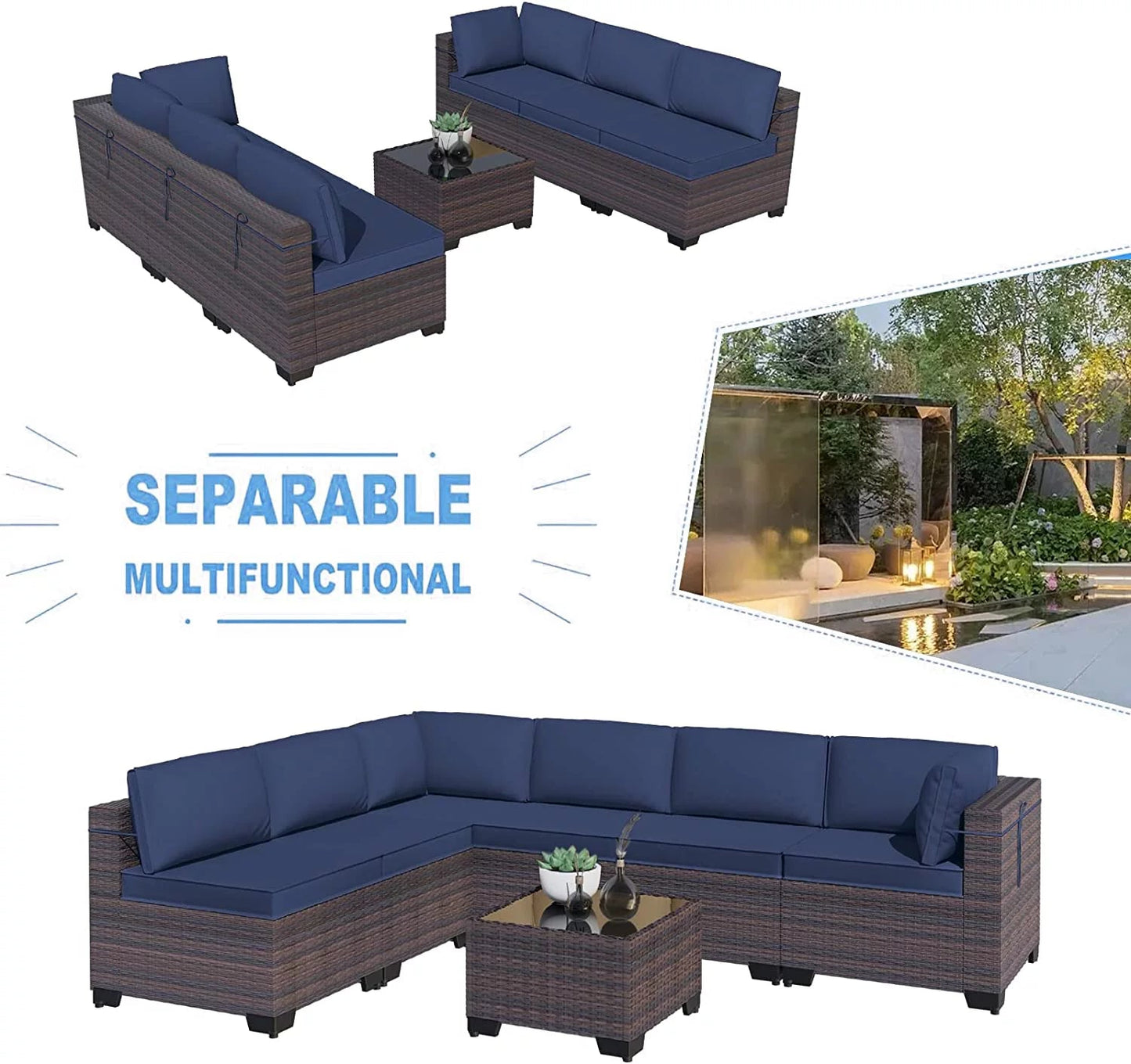 Luxurious Navy Blue Wicker Patio Set - 7 - Piece Outdoor Sectional - Nourishment Tapestry
