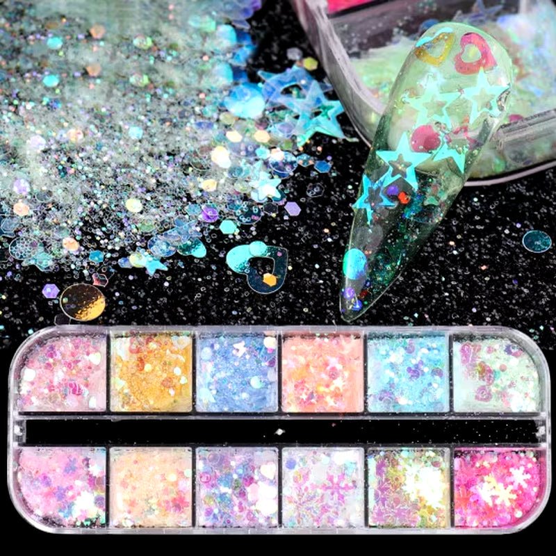 12 - Grid Mermaid Nail Glitter Set: Chameleon Sparkle Sequins for Stunning Manicure Art - Nourishment Tapestry