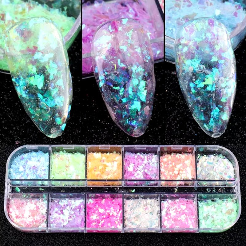 12 - Grid Mermaid Nail Glitter Set: Chameleon Sparkle Sequins for Stunning Manicure Art - Nourishment Tapestry