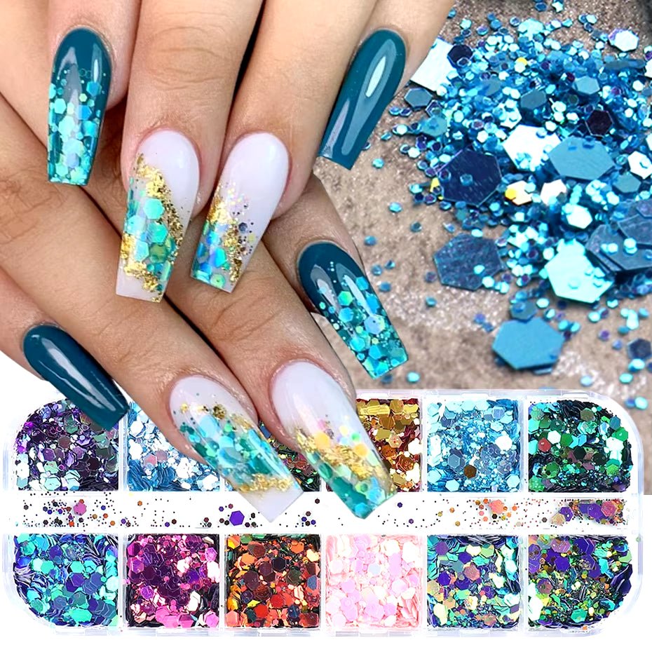 12 - Grid Mermaid Nail Glitter Set: Chameleon Sparkle Sequins for Stunning Manicure Art - Nourishment Tapestry