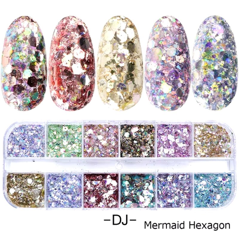 12 - Grid Mermaid Nail Glitter Set: Chameleon Sparkle Sequins for Stunning Manicure Art - Nourishment Tapestry