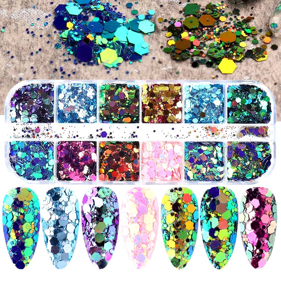 12 - Grid Mermaid Nail Glitter Set: Chameleon Sparkle Sequins for Stunning Manicure Art - Nourishment Tapestry