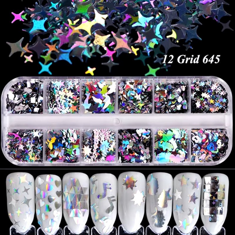 12 - Grid Mermaid Nail Glitter Set: Chameleon Sparkle Sequins for Stunning Manicure Art - Nourishment Tapestry