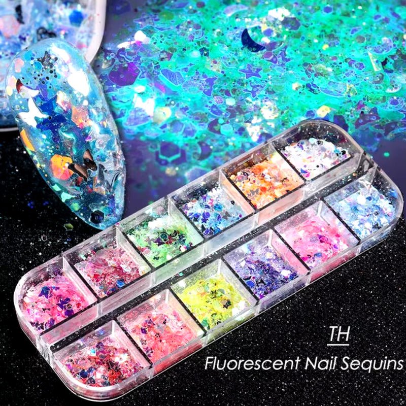 12 - Grid Mermaid Nail Glitter Set: Chameleon Sparkle Sequins for Stunning Manicure Art - Nourishment Tapestry