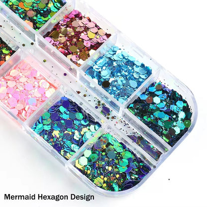 12 - Grid Mermaid Nail Glitter Set: Chameleon Sparkle Sequins for Stunning Manicure Art - Nourishment Tapestry