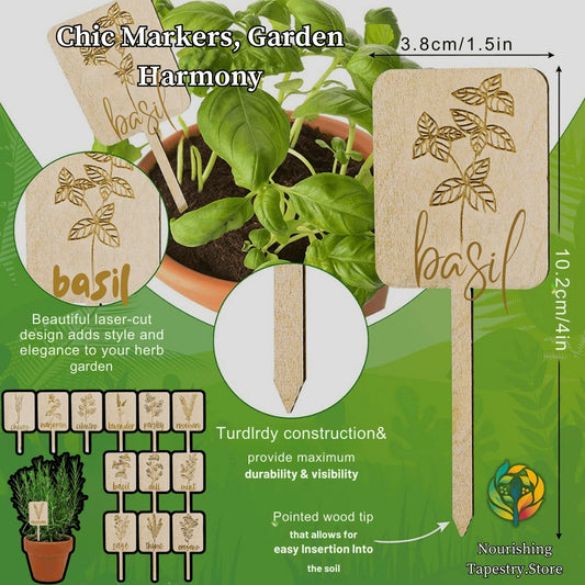 12 - Pack Wooden Plant Labels: Garden Organization & Decor Set - Nourishment Tapestry