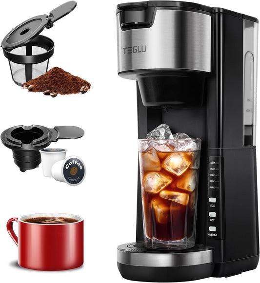 2 - in - 1 Single Serve Coffee Maker: Brew Hot and Iced Coffee, Compatible with K Cups and Ground Coffee, 30oz Water Reservoir, Brews 6 - 14oz Cups, Travel Mug Friendly, Black Design - Nourishment Tapestry