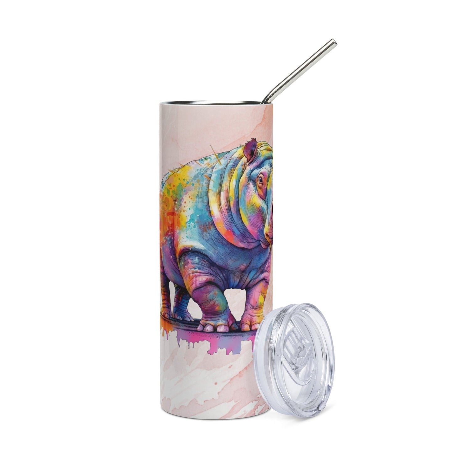 20oz Hippo Tumbler: Stylish Insulated Cup for Hot & Cold Drinks, Watercolor Design - Buy Now! - Nourishment Tapestry