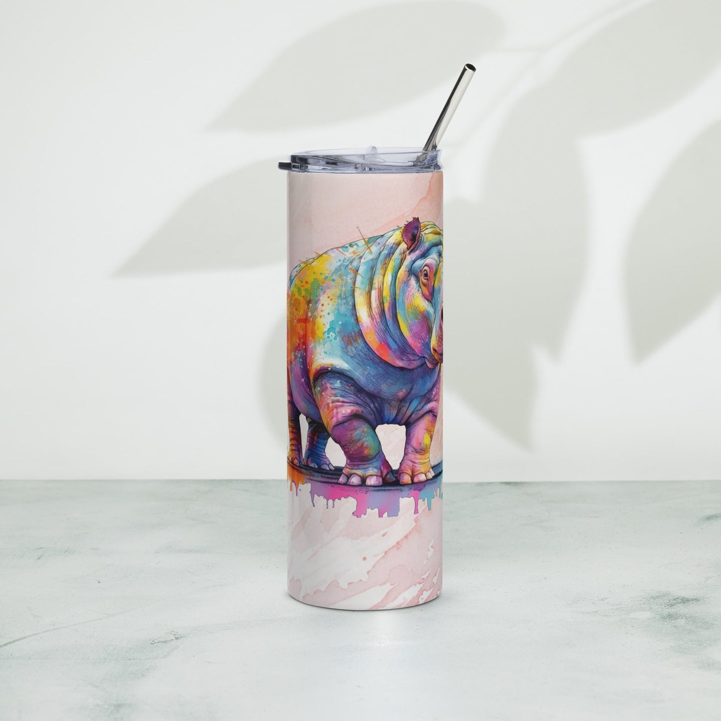 20oz Hippo Tumbler: Stylish Insulated Cup for Hot & Cold Drinks, Watercolor Design - Buy Now! - Nourishment Tapestry