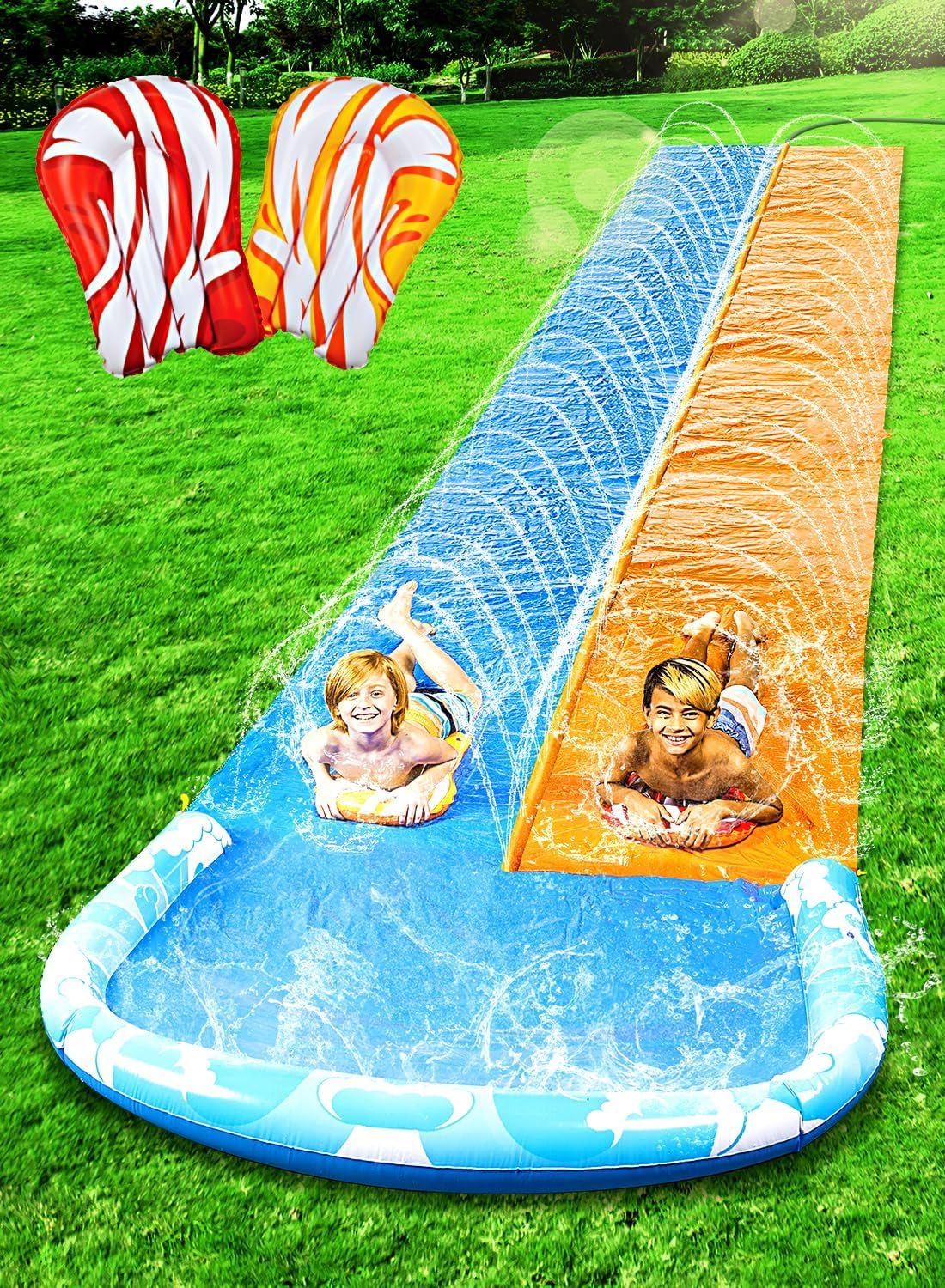 22.5Ft Water Slide with 2 Bodyboards and Sprinkler - Outdoor Fun for Kids - Nourishment Tapestry