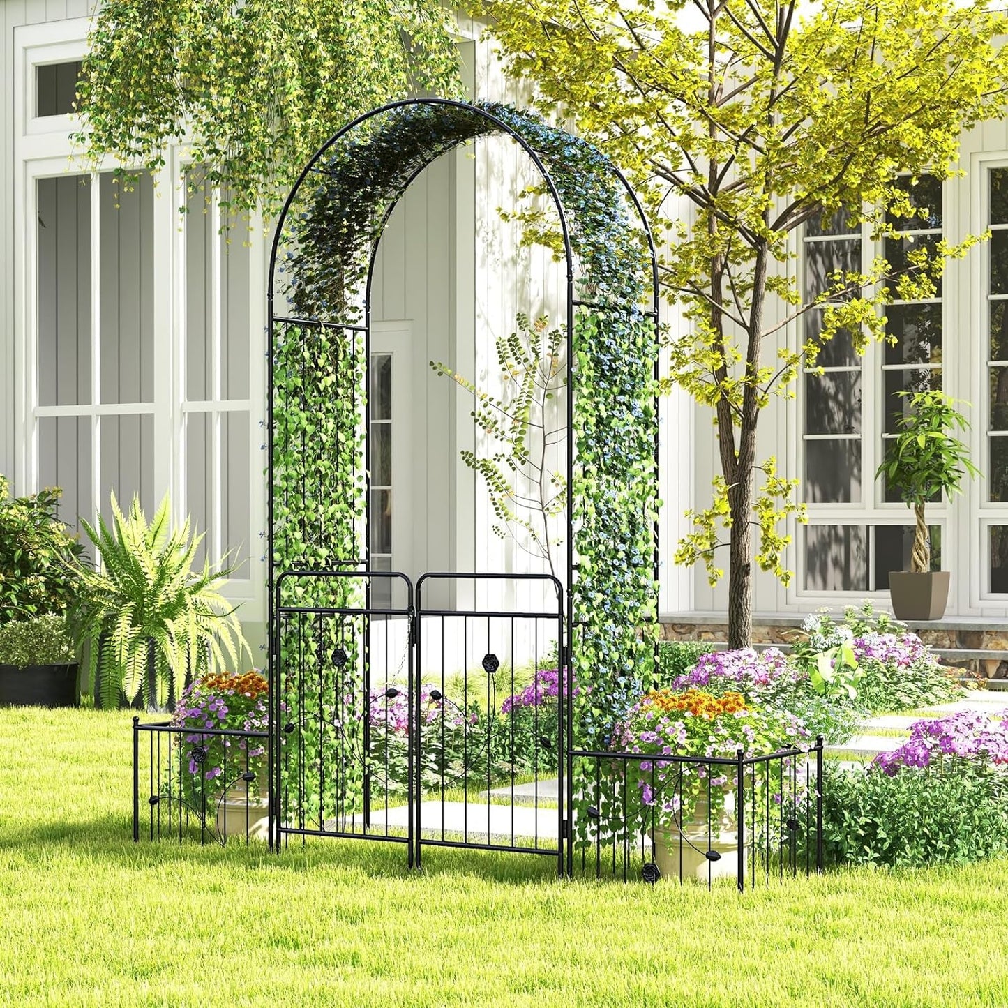 2.2M Metal Garden Arbor Trellis with Lockable Gate and Planters - Nourishment Tapestry