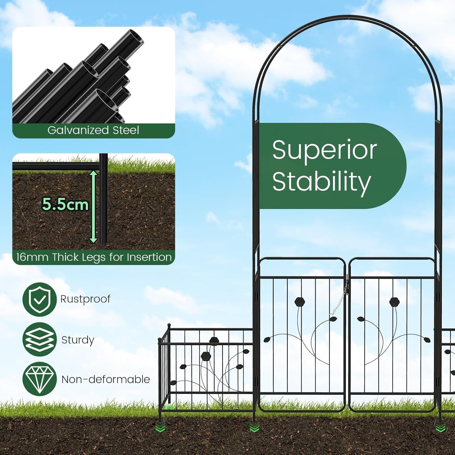 2.2M Metal Garden Arbor Trellis with Lockable Gate and Planters - Nourishment Tapestry