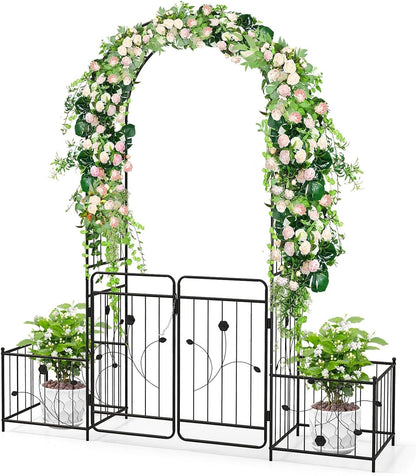 2.2M Metal Garden Arbor Trellis with Lockable Gate and Planters - Nourishment Tapestry