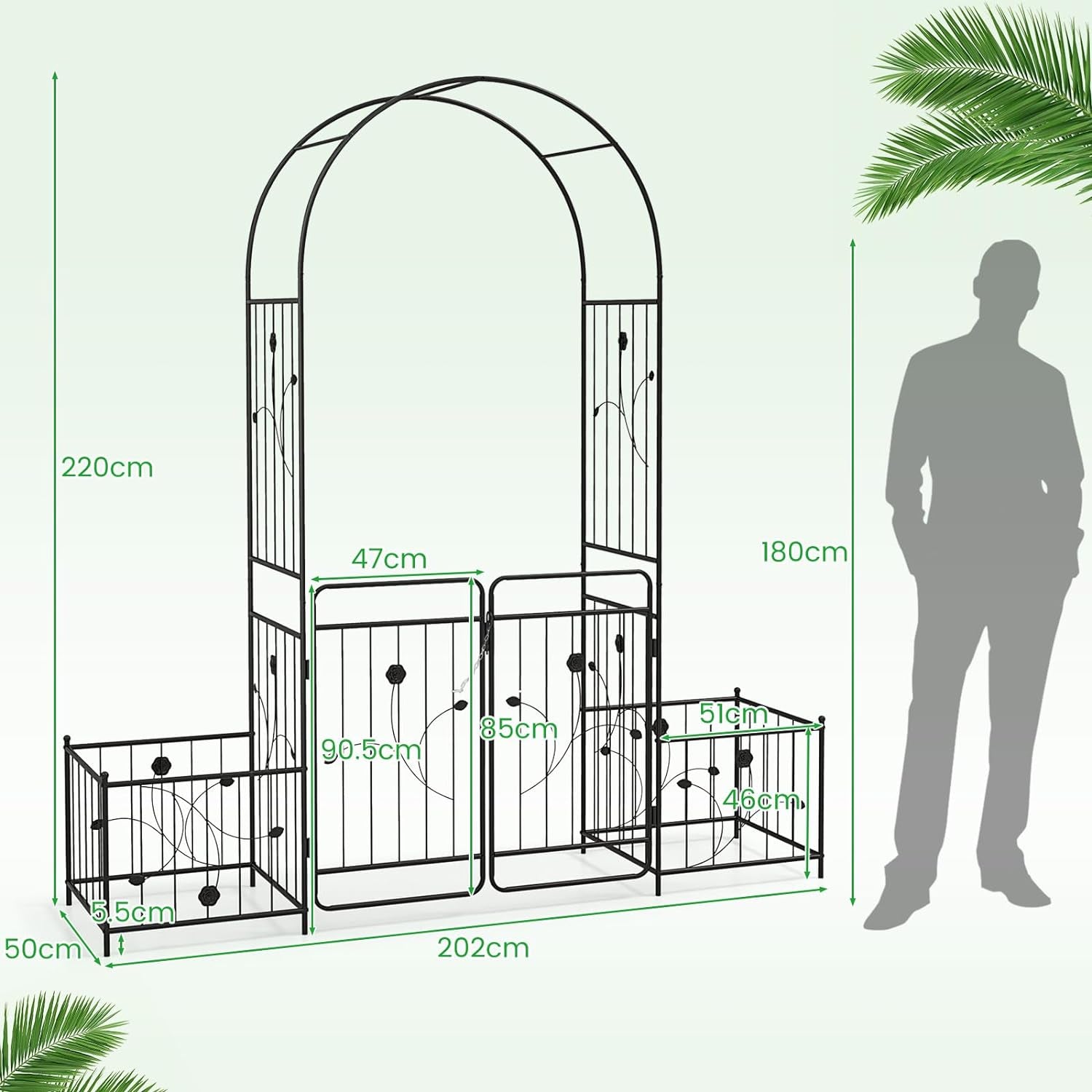 2.2M Metal Garden Arbor Trellis with Lockable Gate and Planters - Nourishment Tapestry