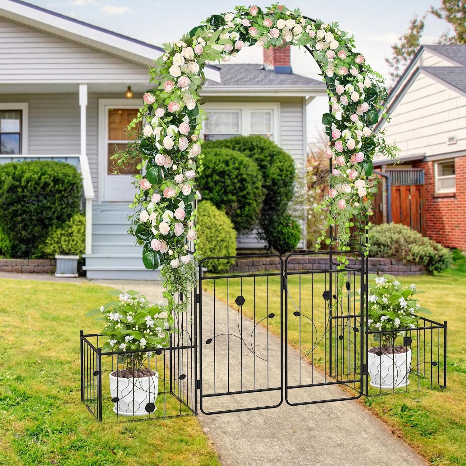 2.2M Metal Garden Arbor Trellis with Lockable Gate and Planters - Nourishment Tapestry