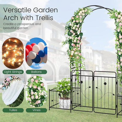 2.2M Metal Garden Arbor Trellis with Lockable Gate and Planters - Nourishment Tapestry