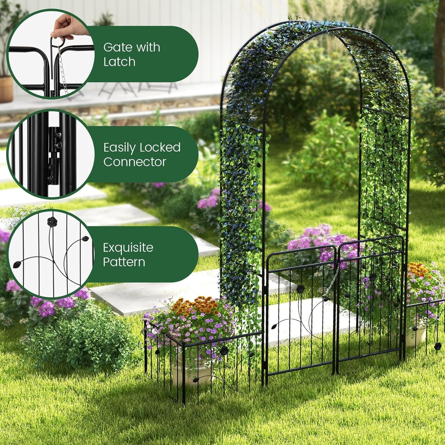 2.2M Metal Garden Arbor Trellis with Lockable Gate and Planters - Nourishment Tapestry