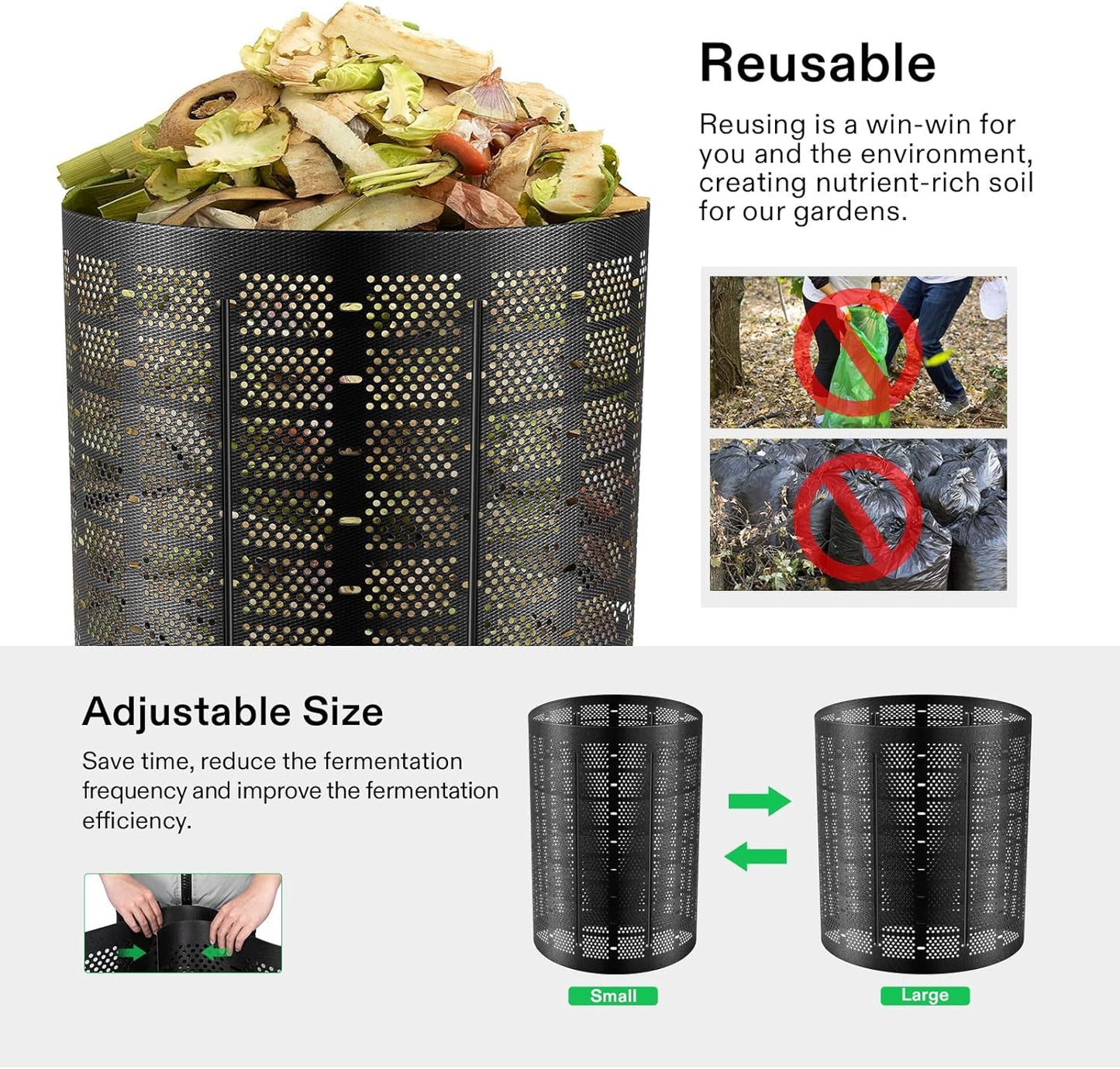 500 Gallon Expandable Outdoor Compost Bin - Easy Setup, Large Capacity (Black with Gloves) - Nourishment Tapestry