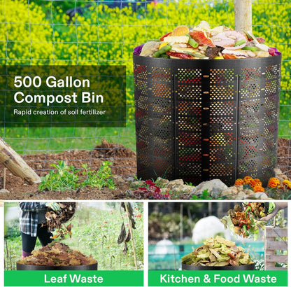 500 Gallon Expandable Outdoor Compost Bin - Easy Setup, Large Capacity (Black with Gloves) - Nourishment Tapestry