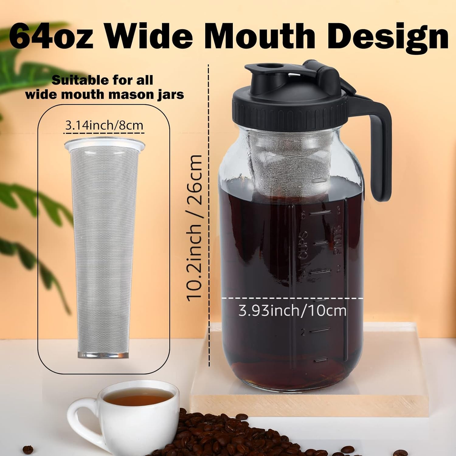 64oz Cold Brew Mason Coffee Maker with Stainless Steel Spoon and Super Dense Filter - Easy 3 - Step Cold Brew Process in BPA - Free Jar - Nourishment Tapestry