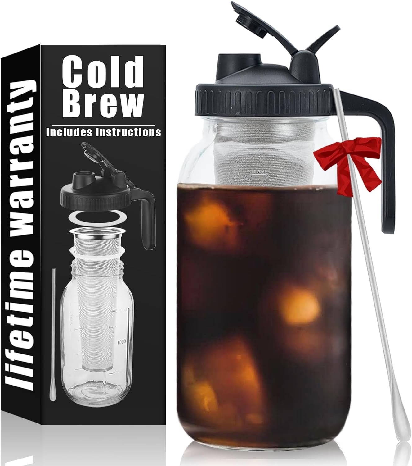 64oz Cold Brew Mason Coffee Maker with Stainless Steel Spoon and Super Dense Filter - Easy 3 - Step Cold Brew Process in BPA - Free Jar - Nourishment Tapestry