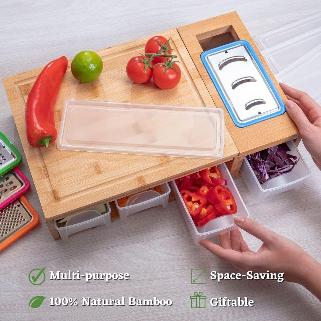 All - in - One Bamboo Meal Prep Station: Cutting Board, Containers, Shredder & Storage - Ultimate Kitchen Tool Set - Nourishment Tapestry