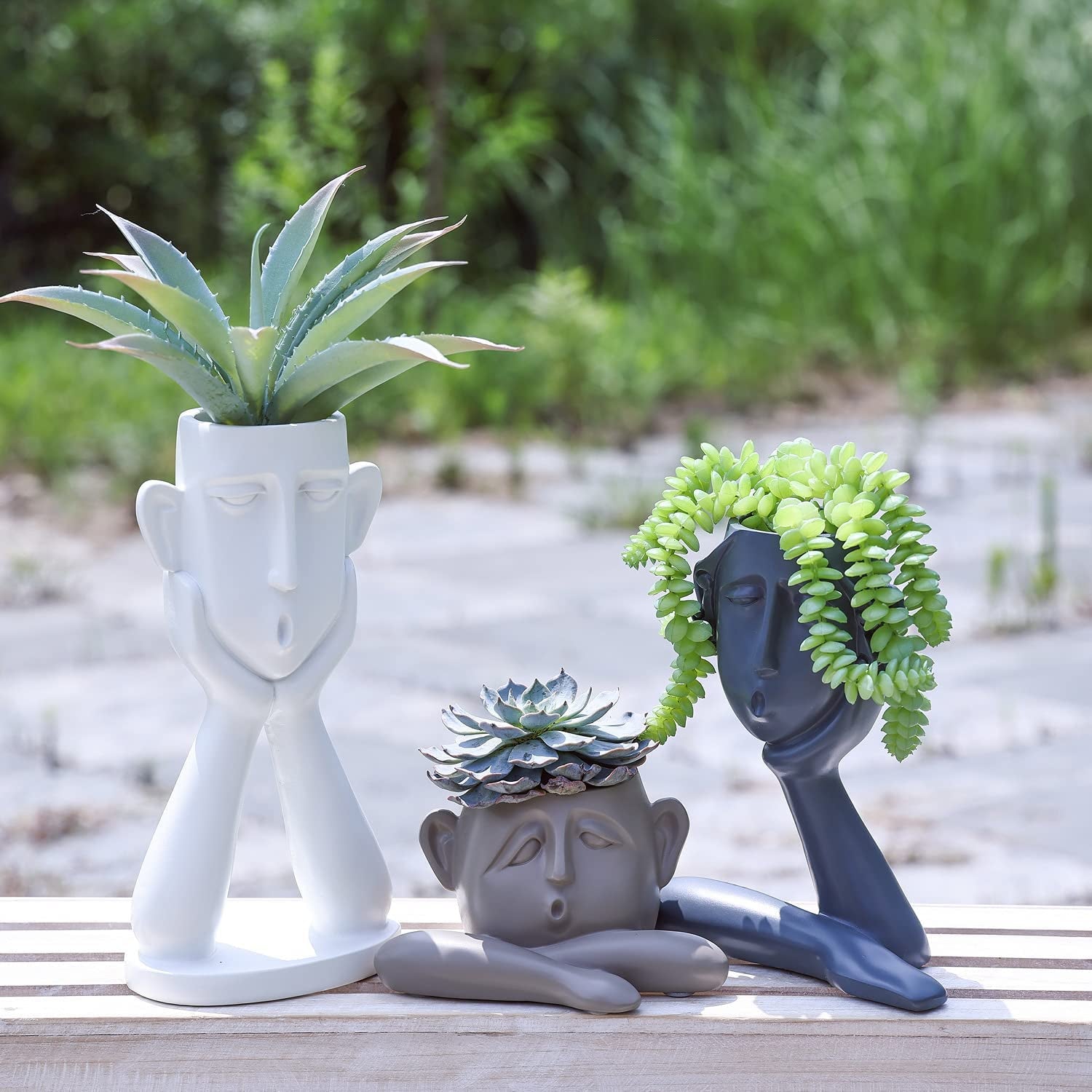 Artistic Face Planter Trio: Modern Succulent Heads for Stylish Indoor/Outdoor Decor - Nourishment Tapestry