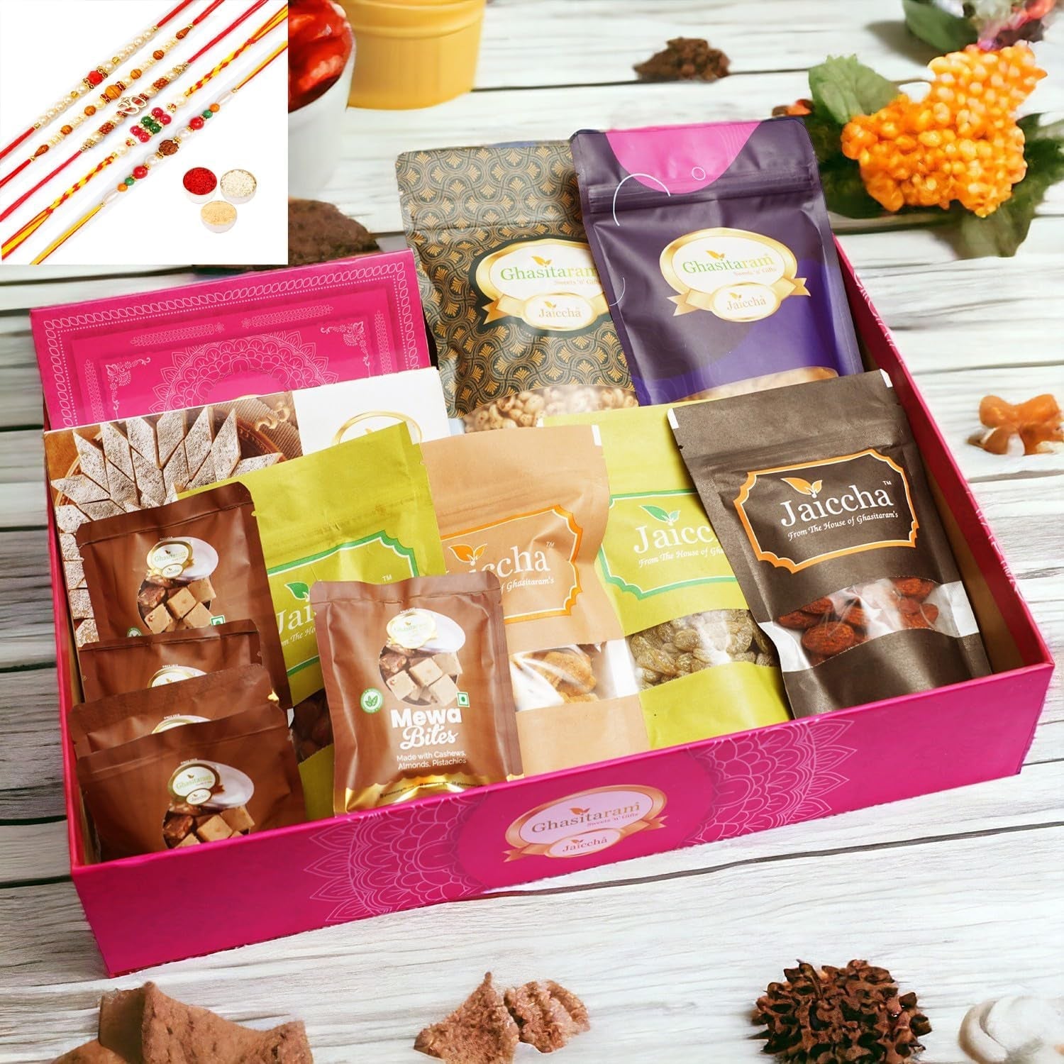 "Big Rakhi Hamper: 13 Goodies & 5 Rakhis by Ghasitaram Gifts" - Nourishment Tapestry