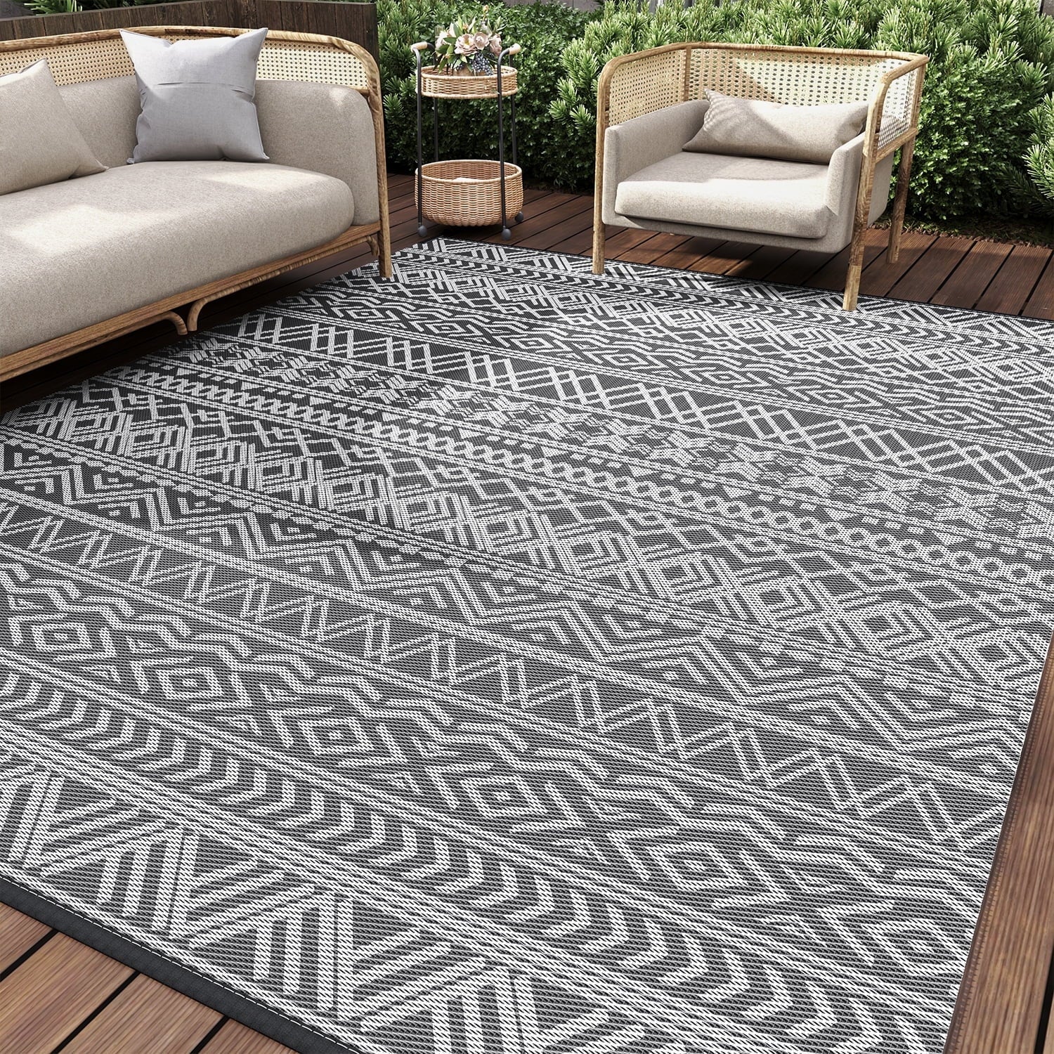 Boho Reversible Outdoor Rug 5x8: Waterproof Grey/White Patio Mat for RV, Camping, Deck - Nourishment Tapestry