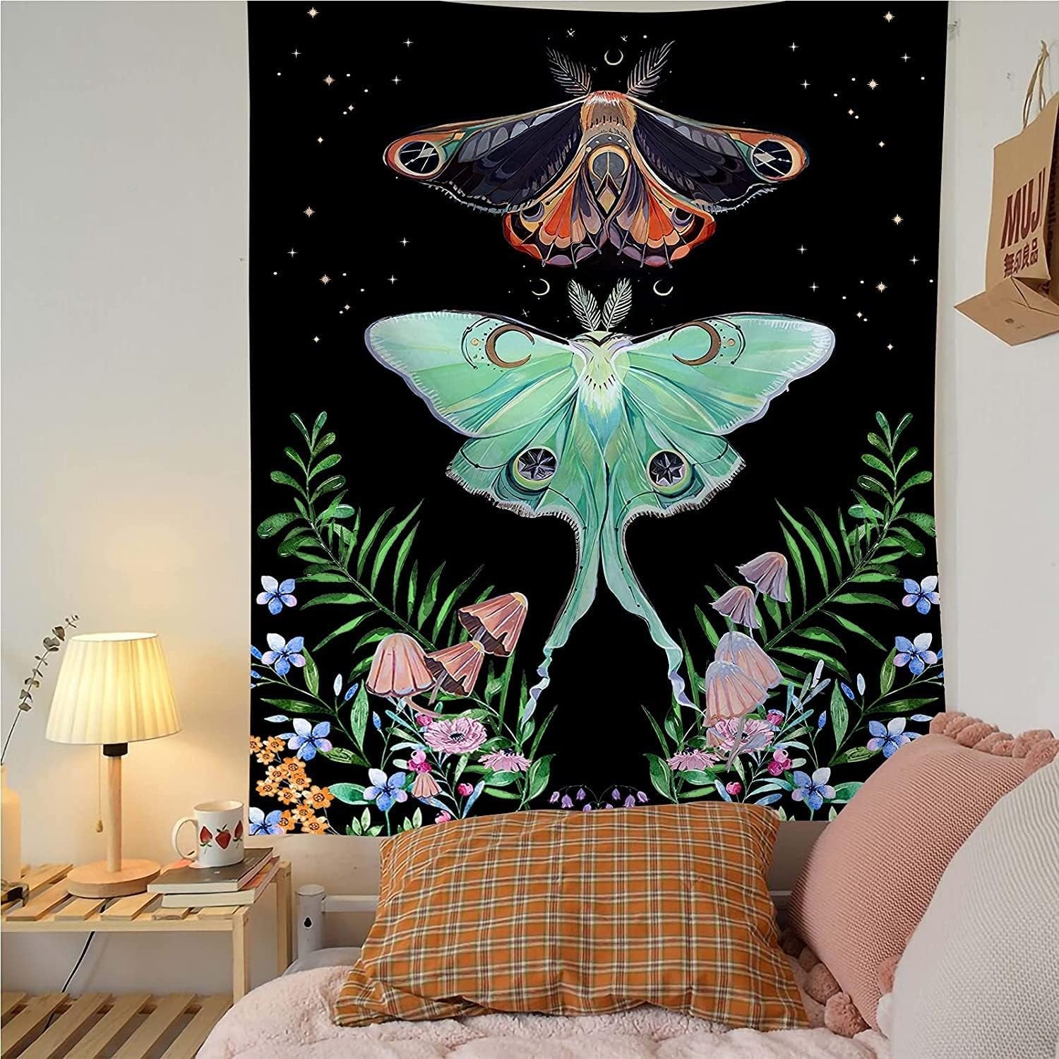 Butterfly Vertical Black Tapestry Wall Hanging Mushroom Floral Aesthetic Tapestry (73X95Cm) for Bedroom, Dorm, Living Room - Nourishment Tapestry