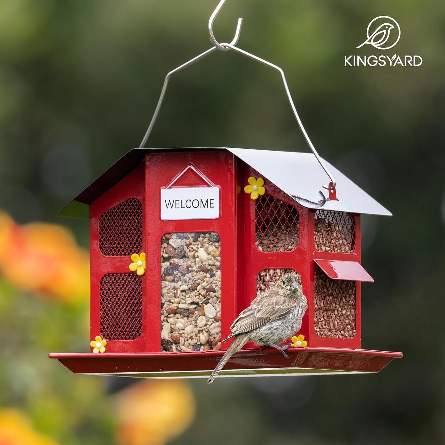 Cardinal - Friendly Red Metal Mesh Bird Feeder: Weatherproof Roof, Attracts Finches & Chickadees - Buy Now for Happy Birds! - Nourishment Tapestry