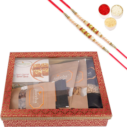 Deluxe Rakhi Gift Box: 6 Gourmet Treats, Besan Barfi, 2 Pearl Rakhis - Nourishment Tapestry