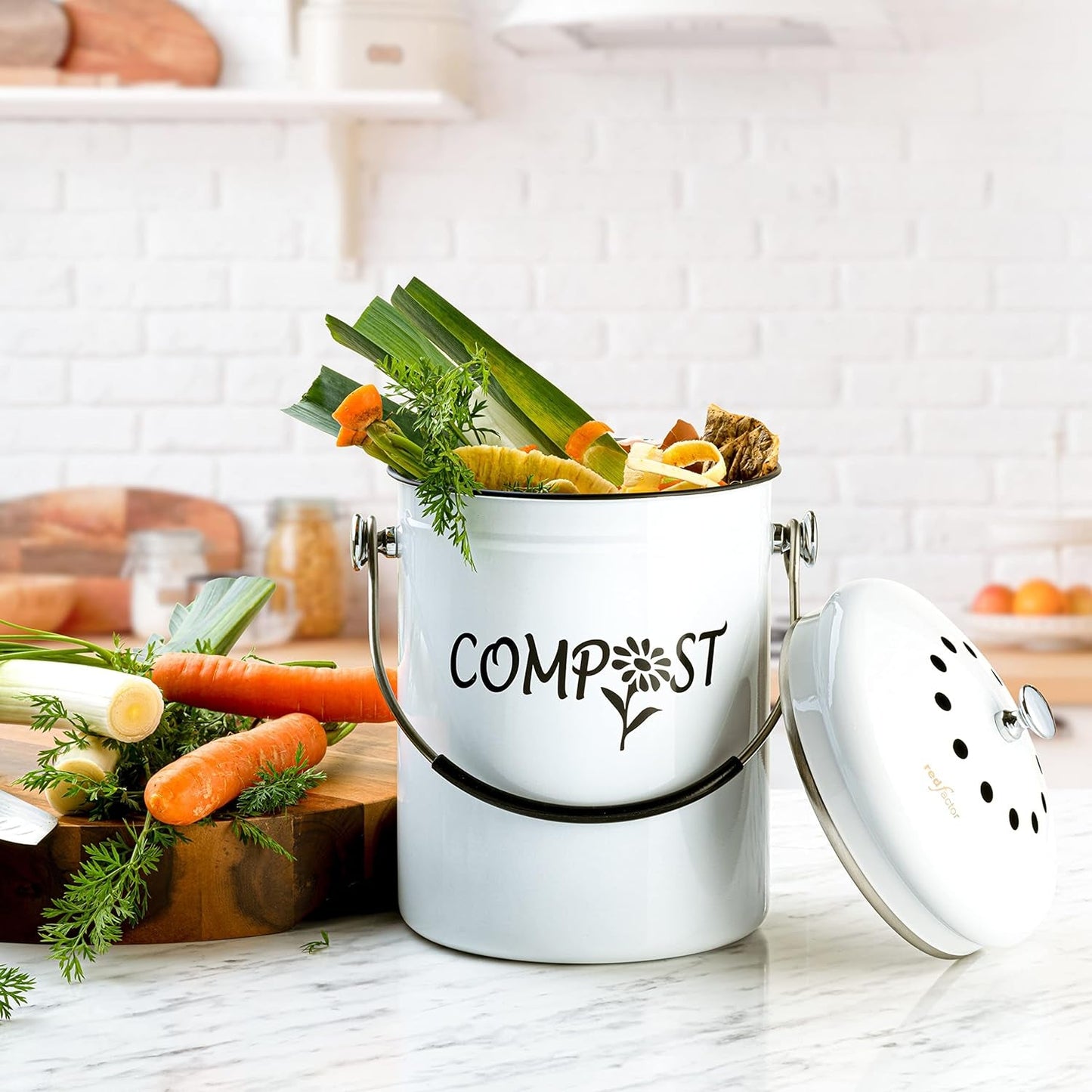 Deluxe Stainless Steel Compost Bin for Kitchen - Dual Filter Technology - 5L Capacity - Includes Replacement Filters - Nourishment Tapestry