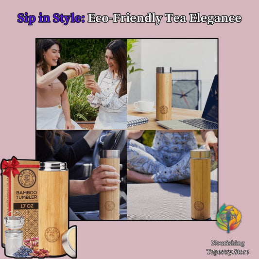 Eco - Friendly 17oz Bamboo Tea Thermos with Infuser: Brew Fresh Loose Leaf Tea On - The - Go - Nourishment Tapestry