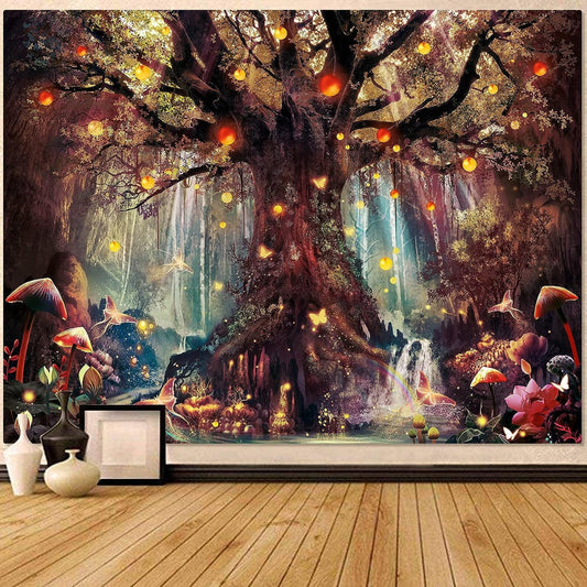 Enchanted Forest Fairy Tapestry - Magical Tree of Life Wall Hanging with Mushroom, Butterfly, and Elves - Aesthetic Home Decor for Bedroom and Living Room - Nourishment Tapestry