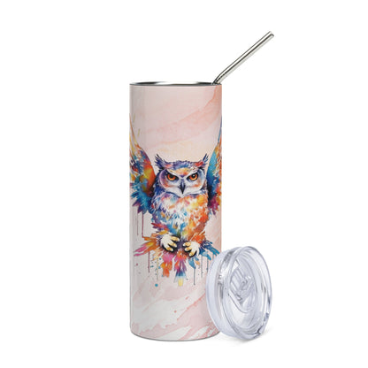 Enchanting Owl Tumbler: 20oz Insulated Steel Cup for Hot & Cold Drinks - Watercolor Design - Nourishment Tapestry