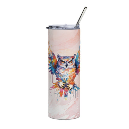 Enchanting Owl Tumbler: 20oz Insulated Steel Cup for Hot & Cold Drinks - Watercolor Design - Nourishment Tapestry