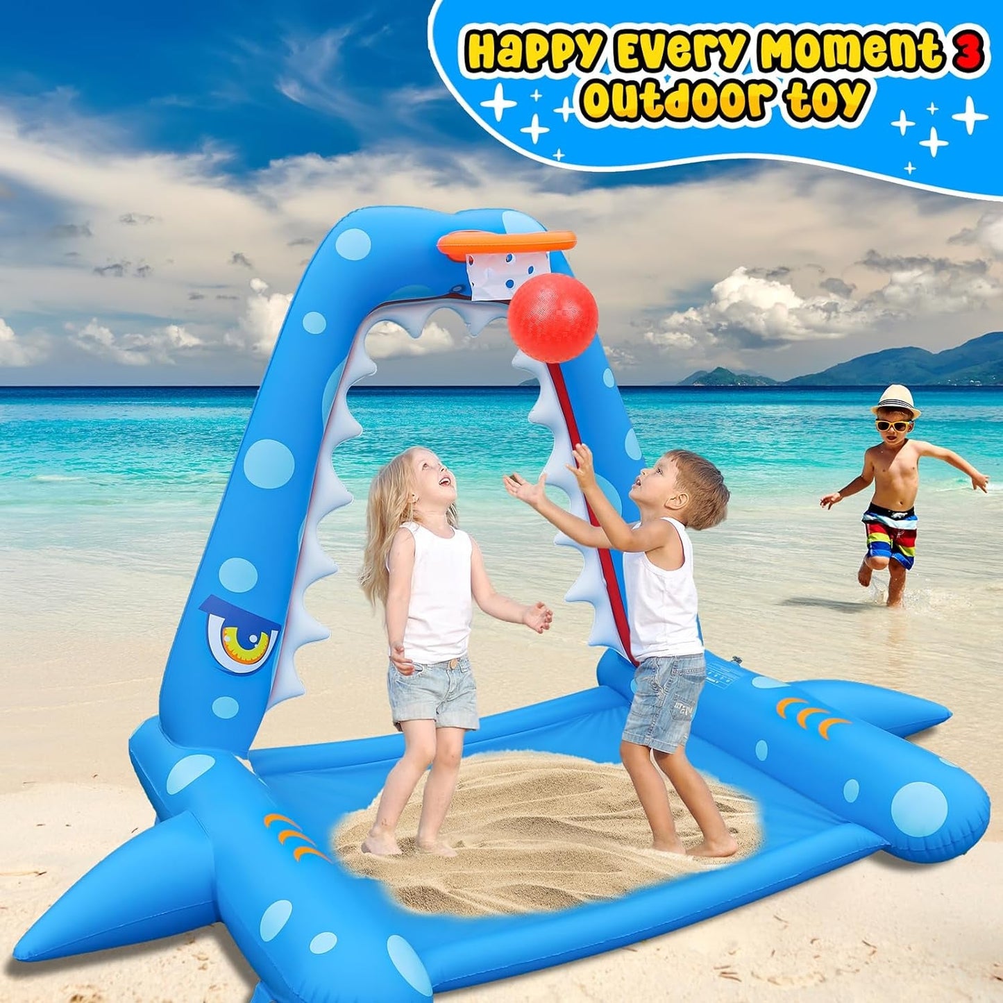 Inflatable Shark Sprinkler Toy with Basketball Hoop for Kids Outdoor Play - Nourishment Tapestry