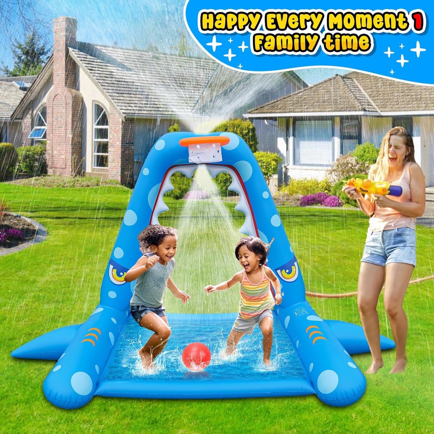 Inflatable Shark Sprinkler Toy with Basketball Hoop for Kids Outdoor Play - Nourishment Tapestry