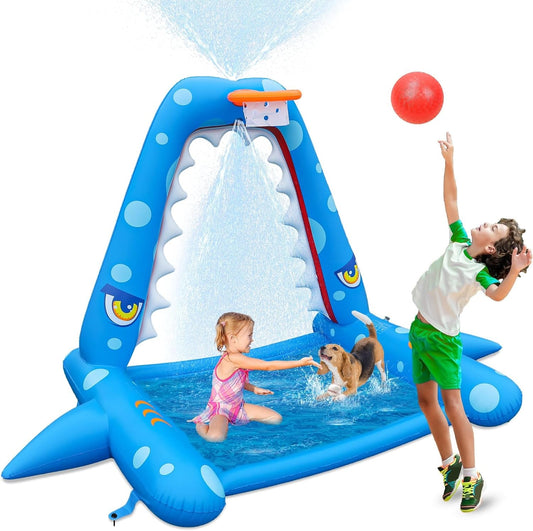 Inflatable Shark Sprinkler Toy with Basketball Hoop for Kids Outdoor Play - Nourishment Tapestry