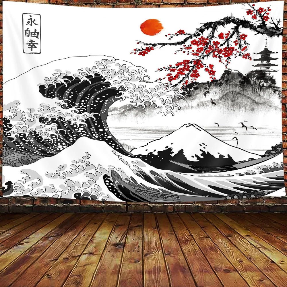 "Japanese Cherry Blossom Mount Red Sun Tapestry - Large Wall Decor for Bedroom and Living Room - Shop Now!" - Nourishment Tapestry