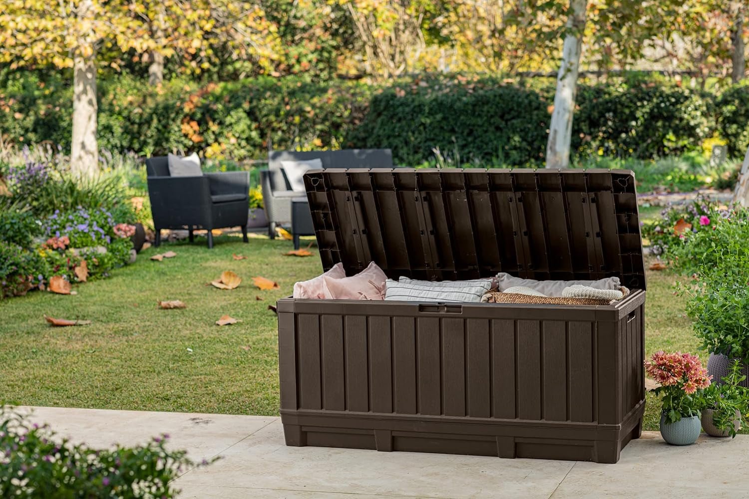 Kentwood 92 - Gallon Resin Deck Box: Stylish Brown Outdoor Storage - Nourishment Tapestry