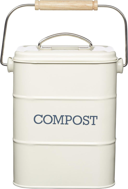 Living Nostalgia Kitchen Compost Bin, Metal, 16.5 x 12 x 24 cm, Antique Cream - Stylish Vintage Kitchen Waste Solution - Nourishment Tapestry