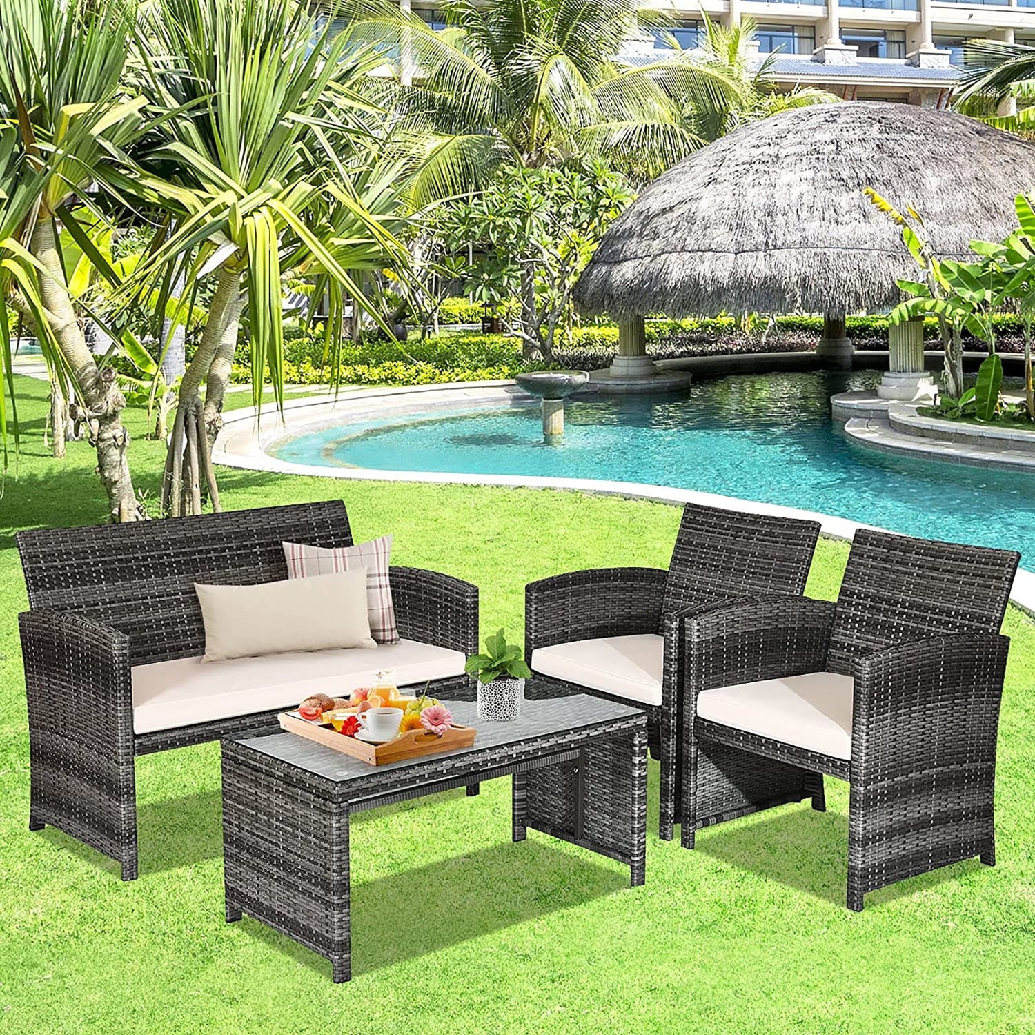 Luxurious 4 - Piece Rattan Patio Set: Beige Cushioned Sofa & Glass Table for Outdoor Oasis - Shop Now - Nourishment Tapestry