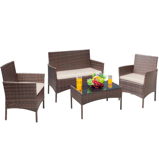 Luxurious 4 - Piece Rattan Patio Set with Cushioned Comfort and Elegant Glass Table - Nourishment Tapestry