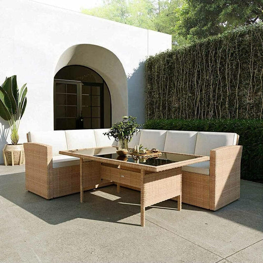 Luxurious 6 - Seater Rattan Garden Dining Set with All - Weather Comfort and Beige Cushions - Nourishment Tapestry